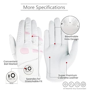 FINGER TEN Women’s Ladies Golf Gloves Left Hand Right with Ball Marker Leather Grip 1 Pack, Pink Fit Woman Girl, Size Small Medium Large XL (Large, Left)