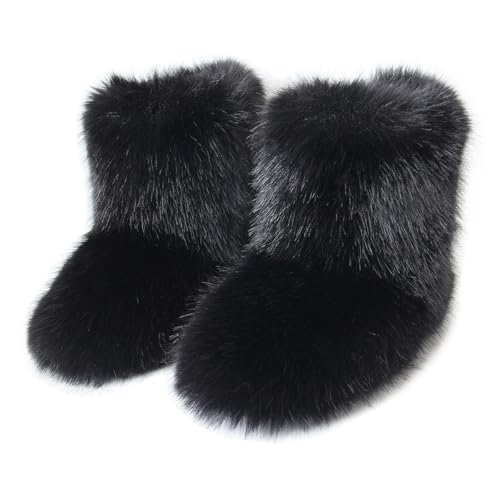 QMFUR Kids Girls Boys Furry Fluffy Short Snow Boot Suede Faux Fur Boot Winter Warm Mid-calf Boot Comfortable Flat Shoes Outdoor (Black 1, Little Kid, Women, 13, Numeric, US Footwear Size System, Medium)