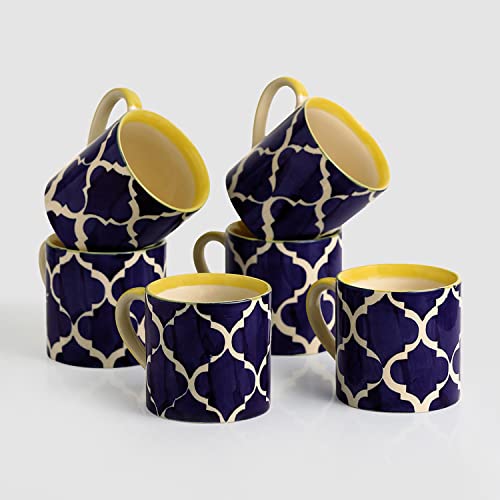 Image of ExclusiveLane 'Ocean Caffeine' Ceramic Tea Cups Set of 6 (200 ML, Microwave Safe, Dishwasher Safe) |Ceramic Cups Coffee Cup Set of 6 Coffee Mugs Tea Set Tea Mugs Set of 6 Chai Cups Drinkware