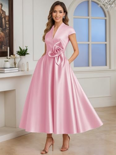 Tea Length Satin Mother of The Bride Dresses for Women A Line V Neck Cap Sleeve Formal Evening Party Gowns2