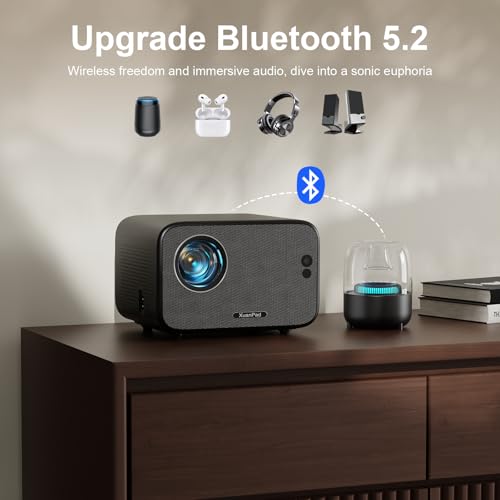 Image of [Officially-Licensed App & Auto Focus]Light Black Smart Mini Projector with WiFi and Bluetooth, XuanPad 4K Support Movie Projector, Portable Native 1080P Outdoor Projector with 360 Stand