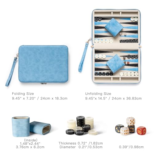 Backgammon Sets for Adults and Kids, Classic Backgammon Board with Unique Checkers Dice, Folding Faux Leather Backgammon Case, Portable Travel Backgammon Game Set (Blue) - image 4