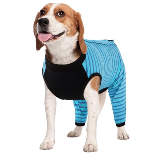 Image of Kuoser Dog Recovery Suit with Anti Licking Rear Leg Sleeve, Blue L | Abdominal Dog Surgical Suit with Pants Cover Protect Wounds, Dogs Elbow Protector Soft Pet Surgery Onesie Cone Alternative
