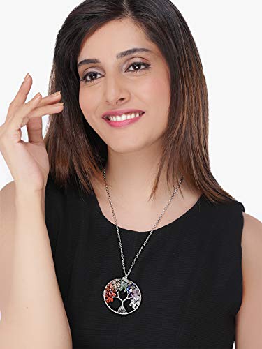Image of Yellow Chimes Tree of Life 7 Chakra Stones Handmade Long Chain Pendant Necklace for Women and Girls