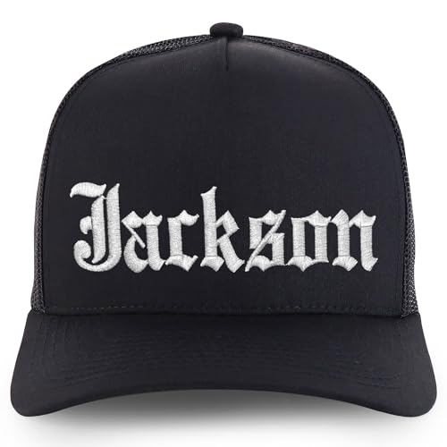 Trendy Apparel Shop Mens Name Embroidered Structured 5 Panel Trucker Cap - Jackson - Black