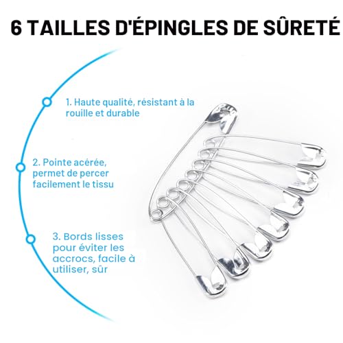 Kiperline Lot de 300 épingles à nourrice - 6 Tailles de 18 à 53 mm - Résistantes à la Rouille - Épingles à nourrice durables - pour vêtements, Artisanat, Couture (argenté) – vue 4