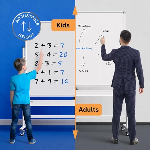 Image of Rolling Dry Erase Board 60 x 46 - Large Portable Magnetic Whiteboard with Stand - Double Sided Easel Style Whiteboard with Wheels - Mobile Standing White Board for Office, Classroom & Home