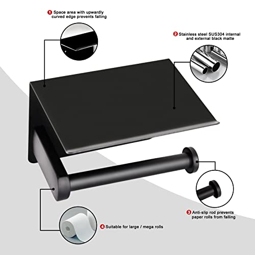 Self Adhesive Toilet Paper Holder With Phone Shelf Lvyouif Stainless Steel Matte Black Wall Mounted Toilet Paper Roll Holder Adhesive Or Drilling Tissue Roll Holder With Shelf #TOP1