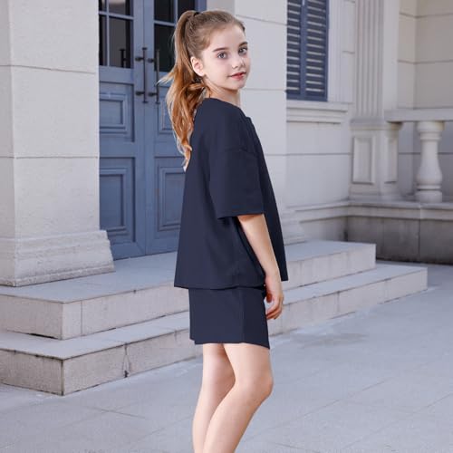 Image of DREAM BUS Girls T-Shirts and Shorts Set 2 Pieces Teen Girls Summer Matching Outfit Solid Trendy Clothes for Little Girl