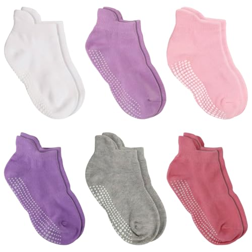DRASEX Baby Toddler Non Slip Grip Socks 6 Pairs Cotton Ankle Socks with Anti Skid Soles for Infants Kids Boys Girls