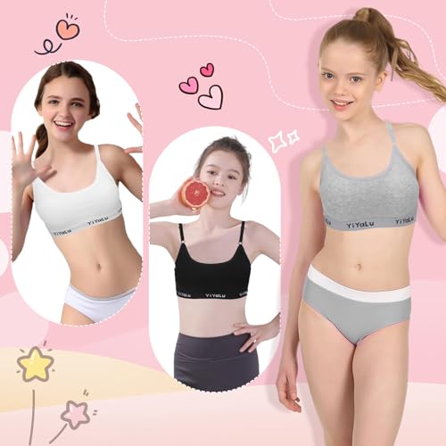3 Pcs Teen Girls Bra, Sports Bras Age 10-15, Training Bra with Removable Pad, Crop Top for Kids Black White Grey