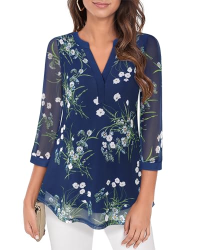 Image of Timeson Women's Short Sleeve V Neck Blouses Shirts Floral Double Layers Mesh Tunics Tops