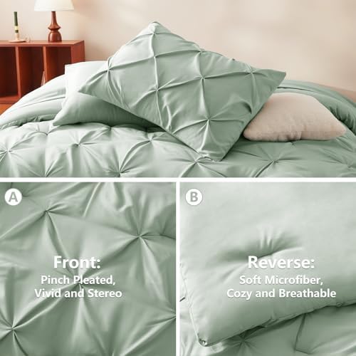 CozyLux King Size Comforter Set Sage Green, 7 Pieces Pintuck Bed in A Bag Green Comforter King Size, Pinch Pleat Bedding Set with All Season Comforter, Sheets, Pillowcases & Shams