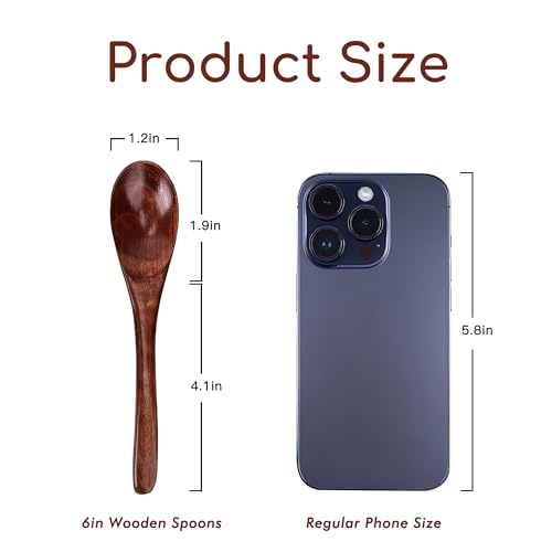 6in Wooden Spoons, 6pcs Soup Spoons Set, Small Wooden Utensils for Coffee, Tea, Jam, Sugar, Ice Cream and Bath Salts (6pcs 6in)