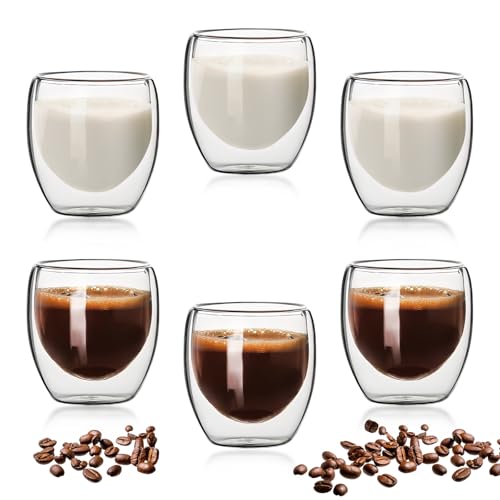 Pmueuff 6 Pièces Tasse a Cafe, Verre Double Paroi 80ML, Tasses à Expresso à Double Paroi isotherme, Tasse Expresso, Tasse à café Exquise, Tasse Cafe pour Café Latte Cappuccino Thé Américain