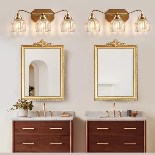 Image of Vintage Bathroom Light Fixtures, Gold Bathroom Vanity Light, Matte Antique Brass Finish with Crystal Glass Shade, Wall Sconces Lighting for Bedroom, Living Room, Hallway (Gold, 3-Light)