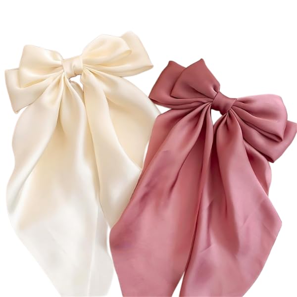 Image of FilterFashion Big Satin Layered Hair Bows for Women Girls 11.5 Inch tail length Barrette Hair Clip Long Back Ribbon Bows French Style Hair Accessories (Onion Pink,Cream)