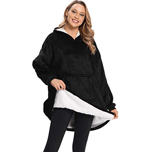 DURINM Sweat à Capuche Couverture Pull Capuchon Sherpa Unisexe Couvertures Adulte Épaisse Sweat Automne Hiver Garder au Chaud Peignoir Réversible Hoodie Plush Sweatshirt (Noir) Cover