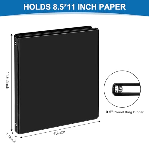 0.5-inch 3-Ring Binder, 1/2 Inch Round Ring Binder with 2 Inside Pockets, 12 Pack Black Binders, Clear View Cover Binders Holds 8.5\'\' x 11\'\'Paper for Office/Home/Back to School