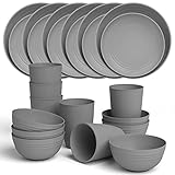 KEWOO Plastic Dinnerware Sets for 6,Unbreakable Lightweight Reusable Dinnerware Set,Kids Plates Bowls Cups,Microwave Dishwasher Safe Plastic Plates Dishes Set for Camping,Kitchen,Outdoor,RV (24pcs)