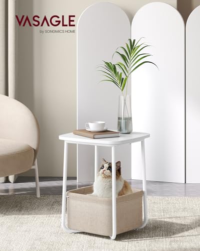 Image of VASAGLE LILEA Collection - Side End Table with Fabric Basket, Modern Nightstand, Square Bedside Table, for Living Room, Bedroom, Matte White and Camel Brown ULET229W10