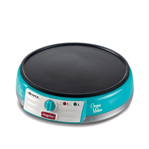 ARIETE 202/01 CREPERA PARTY TIME, PLACA ANTIADHERENTE, INDICADOR LUMINOSO ENCENDIDO APGADO, 2 ESPÁTULAS MADERA INCLUIDAS, COLOR AZUL