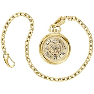Bulova Classic Sutton Automatic Pocket Watch 3-Hand Date Stainless Steel, Full Skeleton, Gold Dial with Stainless Chain Style: 97A178