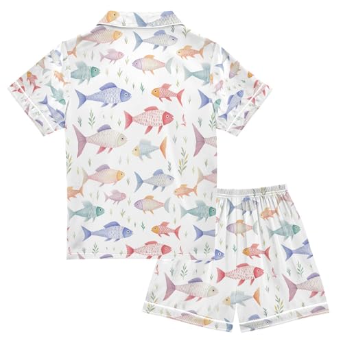 senya Colorful Fish Satin Summer Pajama Sets Silk Short Sleeve Button Down Sleepwear2