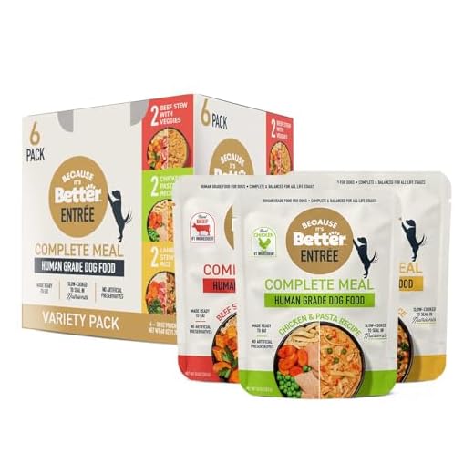 Because It's Better Entrée Complete Meal, Variety Pack, Human Grade Wet Dog Food, 10 oz Pouches, 6 Count