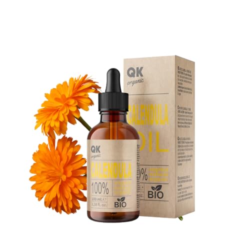 QKnatur - Aceite de Caléndula 100% Puro Orgánico Vegano - 100ml botella de cristal - pieles sensibles, secas y agrietadas. Calmante y cicatrizante. Irritaciones, quemaduras, picadas