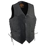 Milwaukee Leather SH1315 Men's Black Leather Classic V-Neck Side Lace Motorcycle Rider Vest w/Front Snap Closure - 52