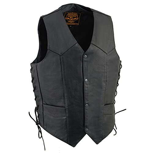 Milwaukee Leather SH1315 Men's Black Leather Classic V-Neck Side Lace Motorcycle Rider Vest w/Front Snap Closure - 40