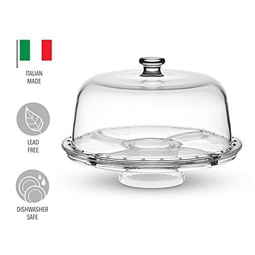 Godinger Cake Stand And Serving Plate Platter With Dome Lid, 6 In 1 Multi-Purpose Use, Italian Made Crystal Glass Footed Cake Stand, Salad Bowl, Cake Plate, Fruit Platter #TOP1