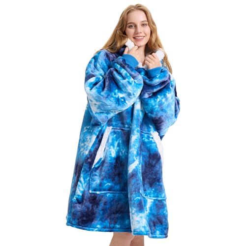 Kipswiza Wearable Blanket Hoodie, Oversized Cozy Warm Sherpa Fleece Hooded Blankets Sweatshirt - Gifts for Mom, Dad, Women, Men, Teens, Adult (Blue Tie Dye)