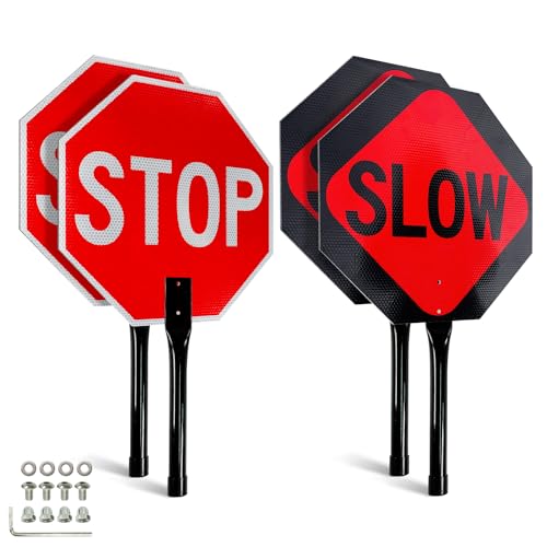Faittoo Stop Slow Sign with Metal Handle, 2-Pack 18" x 18" Double Sided Engineer Grade Aluminum Sign, Reflective,Sturdy, Easy to Assemble