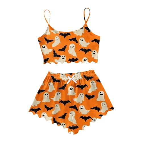 Generisch Trägerkleid Ärmelloses Tanktop und Shorts-Set für Damen, lässige Homewear, Halloween-Print, Bequeme Alltagskleidung Glockenhose Damen...