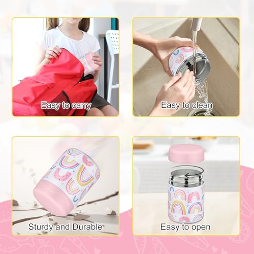 12oz Soup Thermo for Hot Food Kids Insulated Food Jar Wide Mouth Lunch Container Leak Proof Stainless Steel Vacuum Bento Box for School Office Travel Outdoors White-Rainbow