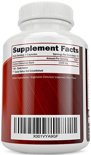 Ceylon Cinnamon Capsules 1500mg 150 Cinnamon Capsules Vegetarian & Vegan - 75 Day Supply (25% More) True Sri Lanka Ceylon Cinnamon Supplement Joint Support Blood Sugar Level Support