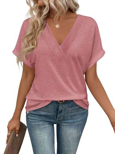 Image of T Shirts Short Sleeve V Neck Tees Womens Tops Beach Vacation Fashion Clothes 2026 Casual Summer Spring Fall Outfits