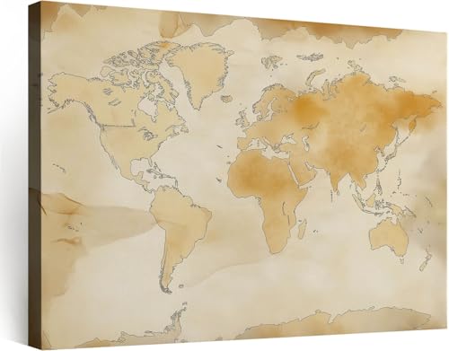 Cuadros decorativos Marrón beige Impreso en Lienzo 1 pieza, Lienzos Dormitorio Decoración Vintage Papel Antiguo Mapa del Mundo Cuadros para Pasillo Oficina Comedor Baño (120 x 60 cm) con Marco
