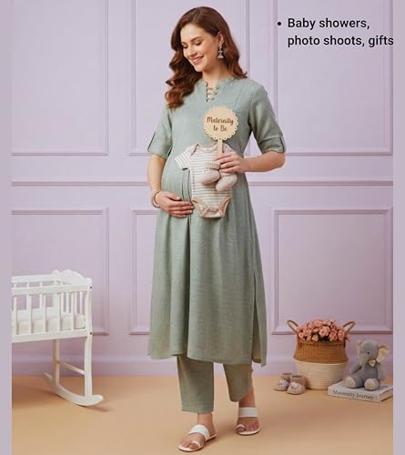 Image of DUMMY SHAPE Feeding Dresses for Women Full Set | Cotton Blend Maternity Kurta Pant Suit with Dual Nursing Zippers, Side Pocket to Pre & Post Pregnancy | Mom to Be Gifts