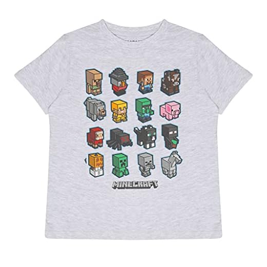 Popgear Minecraft Mini Mobs-Camiseta para niños, Color Gris Jaspeado Moda, 8-9 Años