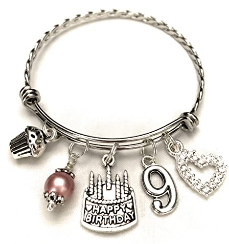 9th BIRTHDAY Bracelet, 9th Birthday Charm Bracelet, 9 Year Old Daughter Birthday Gift Idea, Ninth Birthday Gift, 9 Year Old Birthday Bangle