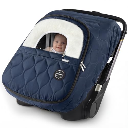 Image of Winter Baby Car Seat Cover, Waterproof, Windproof Warm Winter Car Seat Cover for Doona Car Seats and Strollers,Fleece Breathable Car Seat Cover Baby with Full Zipper, Navy
