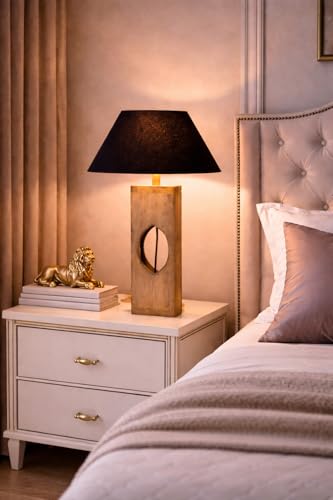 Image of tu casa Mango Wood Table Lamp | Black Cotton Shade Bedside Lamp | Decorative Lighting for Bedroom Living Room Dining Study Hall | Home Decor & Diwali Gifting | 44 cm (Bulb Not Included)