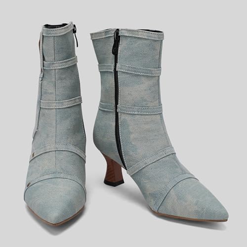BEAUPAS Women's Denim Kitten Heel Boots Pointed Toe Low Heel Ankle Boots Chunky Vintage Zip Shoes3