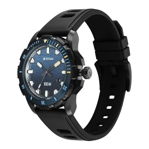 Image of Titan Zero Hour Diver's 100m Analog with Blue Dial Black FKM Strap Watch for Men - 10067KP02