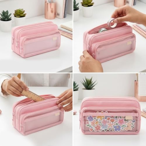 Image of ZIBUYU Large Capacity Pencil Case, 4 Compartments, Pen Pouch, Pink
