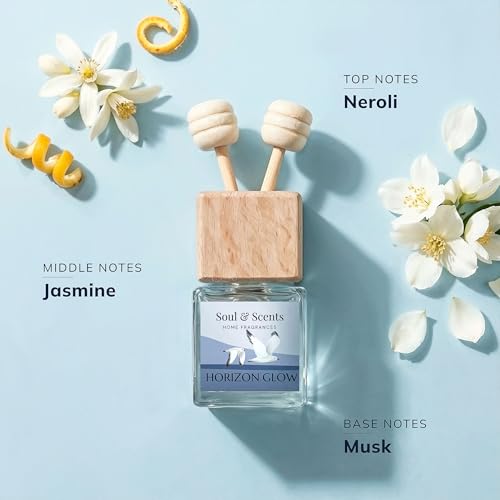 Image of Soul & Scents 16ml Luxury Car Perfumes Jasmine | Horizon Glow | 2-in-1 Hanging Pod & AC Vent Air Freshener | Premium Wooden Car Fragrance Accessory | Long Lasting Odour Eliminator | Pack of 2