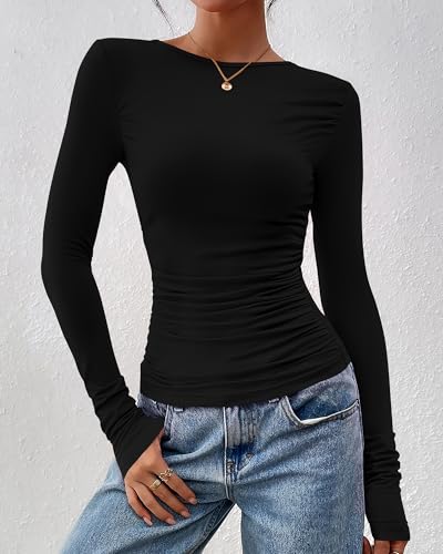 BTFBM Womens Tops Dressy Casual Workout Outfits Fall 2025 Long Sleeve Shirts Boat Neck Ruched Bodycon Going Out Top2